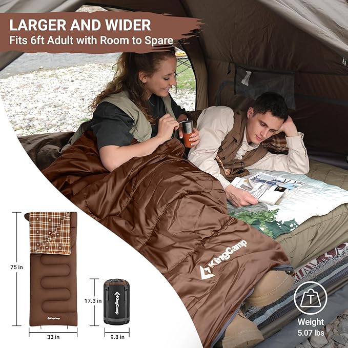 KingCamp Sleeping Bag for Adults, Cold Weather & Warm XL Big and Tall Flannel Sleeping Bags with Compression Sack Portable Waterproof Essentials Gear Accessories for Outdoor Camping