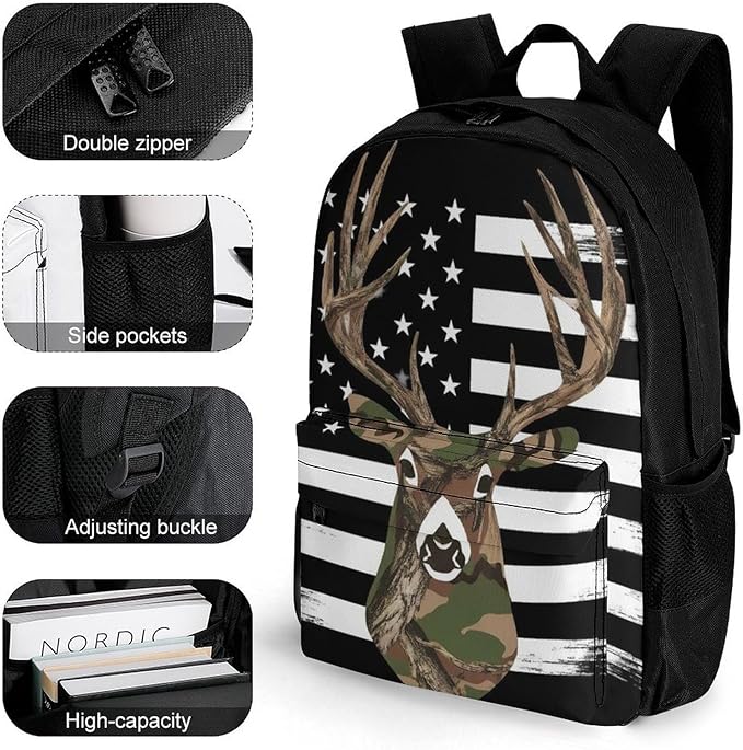 Supdreamc Lightweight Daypack Bookbag for Trekking Business Walking Cycling, Big Capacity Anti-Theft Multipurpose Carry On Bag, Camo Deer Hunting Camouflage Usa Flag Business Computer Bag