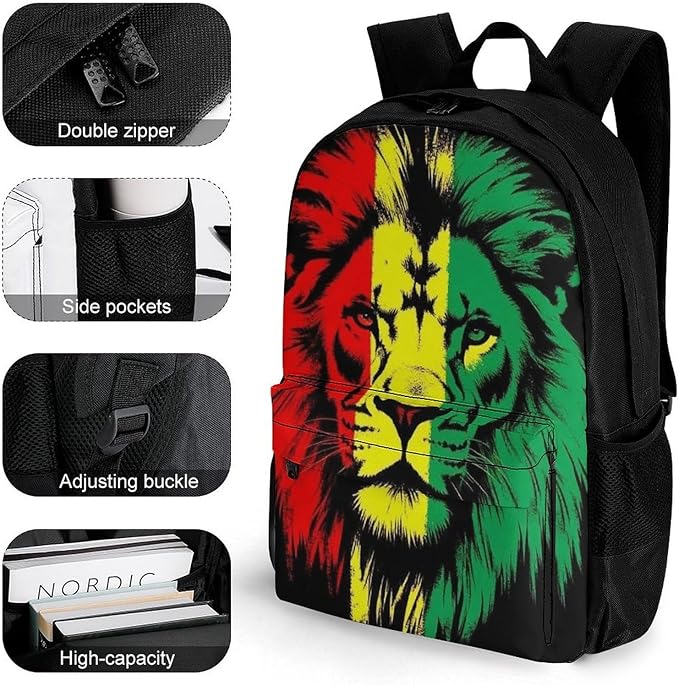 Lightweight Daypack Backpack for Sports Travel Running, Large Capacity Multipurpose Anti-Theft Bookbag, Reggae Rasta Flag Lion Laptop Backpack Daypack