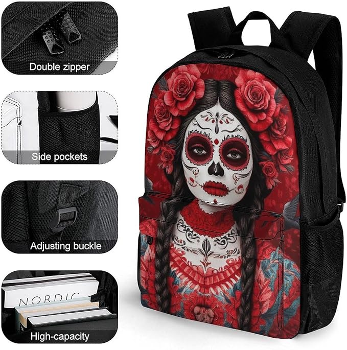 Rucksacks Lightweight Multipurpose Anti-Theft Mexican Red Rose Sugar Skull Floral Women Day Of The Dead Art Shoulder Bag Big Capacity Laptop Book Bag Rucksack With Padded Straps