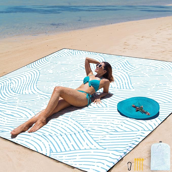 Beach Blanket, Sandproof Beach Mat, Waterproof Quick Drying Lightweight Outdoor Aztec Picnic Mat 79" X 83"/120"x108" for 2-8 Adults for Travel, Camping, Hiking