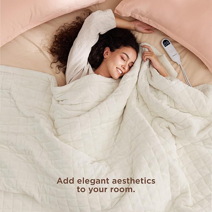 Bedsure Electric Blanket Twin - Quilted Heated Blanket Twin Size, Soft Flannel Thick Heating Blanket with 10 Time Settings & 6 Heat Settings, Warm Gifts for Women Men (62x84 inches, Ivory)