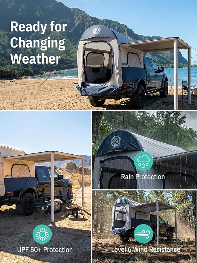 Niphean Inflatable Truck Bed Tent with Zipper-Connect Car Awning, 3-Min Setup Camping System for 5.5–8ft Truck Tent, Waterproof PU3000mm + UV50+ Side Shade, 2+1 Person Overland Shelter