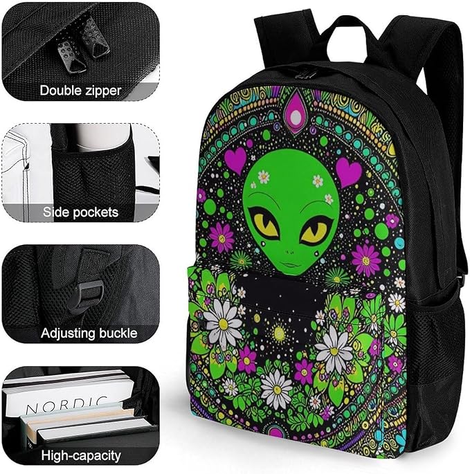 Supdreamc Daypack Polyester Anti-Theft Multipurpose Psychedelic Space Alien Daisy Flowers Art Bookbag Big Capacity Gym Outdoor Hiking Backpack With Adjustable Shoulder Straps