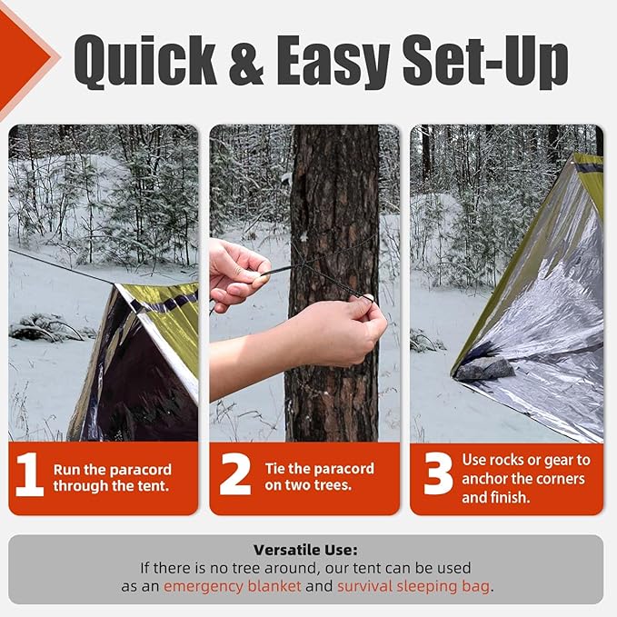 Frelaxy Extra-Thick Emergency Tent, Compact Survival Tent with Whistle, Upgraded Paracord, Storage Pouch, and EVA Case, 2 Person Emergency Shelter for Backpacking, Hiking, Outdoor