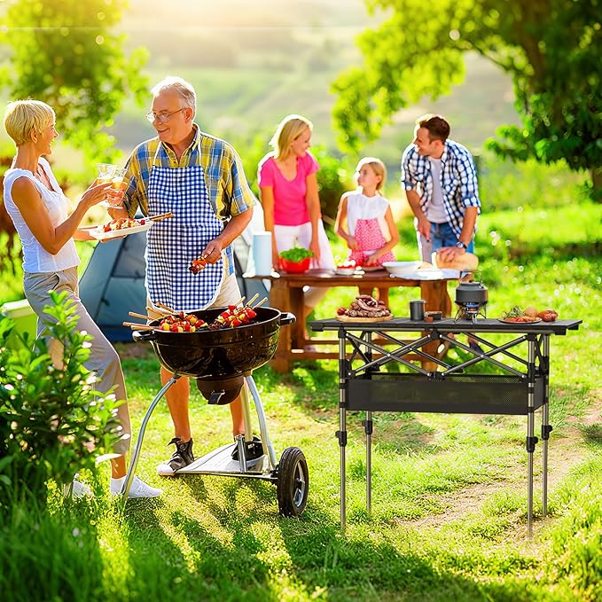 Folding Camping Table Portable Pinic Table 2 Level Height Adjustable Roll-up Tables Aluminum Foldable Camp Table with Storage Bag 4-6 Person Large Tables for Outdoor Indoor Hiking Camp BBQ Beach