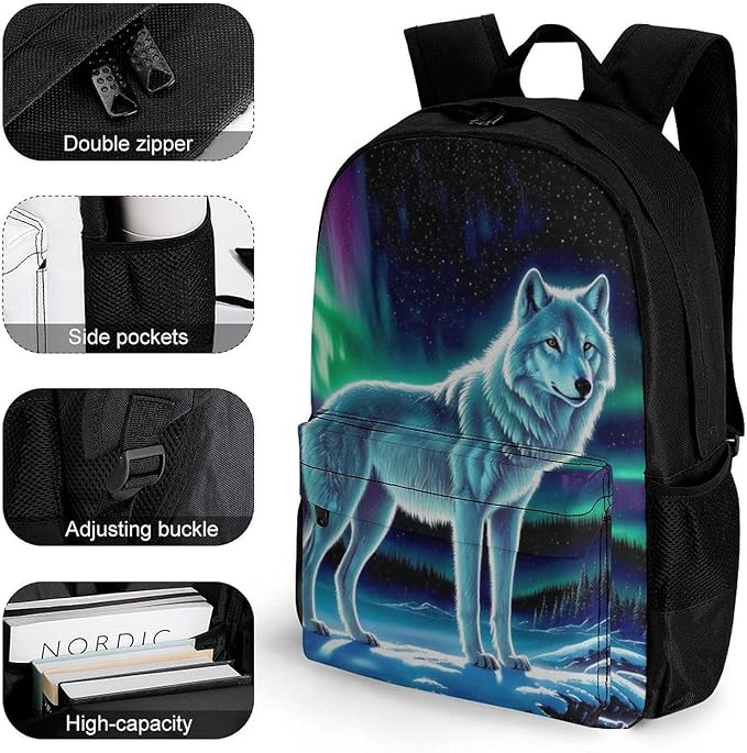 Men Women Polyester Starry Galaxy Cool Wolf Art Casual Daypack Large Capacity Carry On Bag With Adjustable Shoulder Straps for Camping Work Running