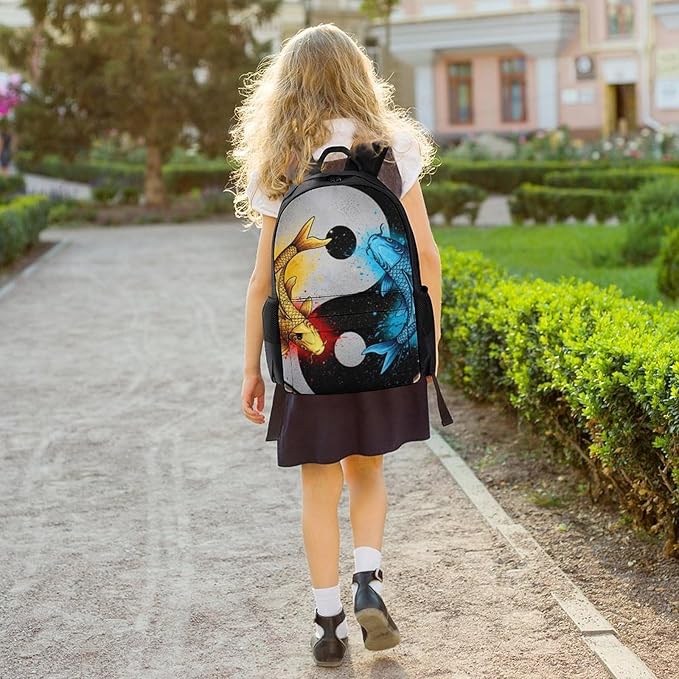 Men Women Lightweight Space Koifish Fish Yin Yang Backpack Large Capacity Carry On Bag With Padded Straps for Sports Work Walking Cycling