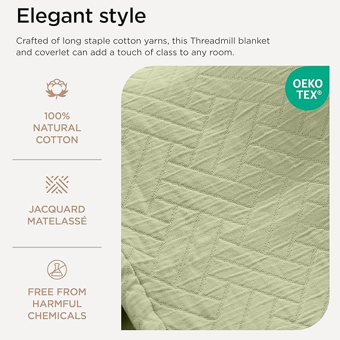 Threadmill Luxury Cotton Blankets for Queen Size Bed | All-Season 100% Cotton Queen Size Blanket | Criss Cross Cozy Lightweight, Soft Breathable Coverlet fits Full Size Bed, 90x92 | Sage Green