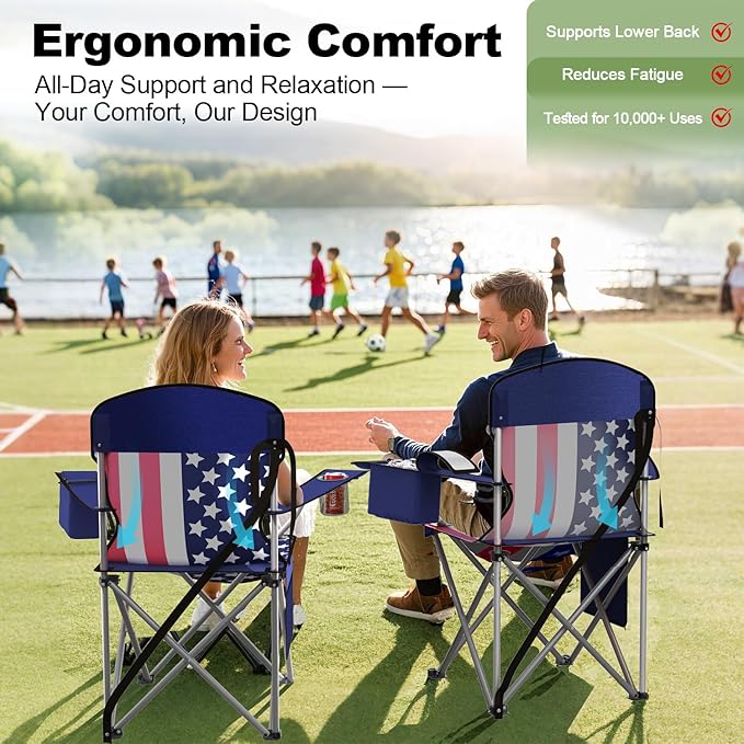 Folding Camping Chairs Durable 600D Oxford, Portable Outdoor Chair with Cooler Pouch, Cup Holder & Storage Pocket for Camping, Beach, Fishing