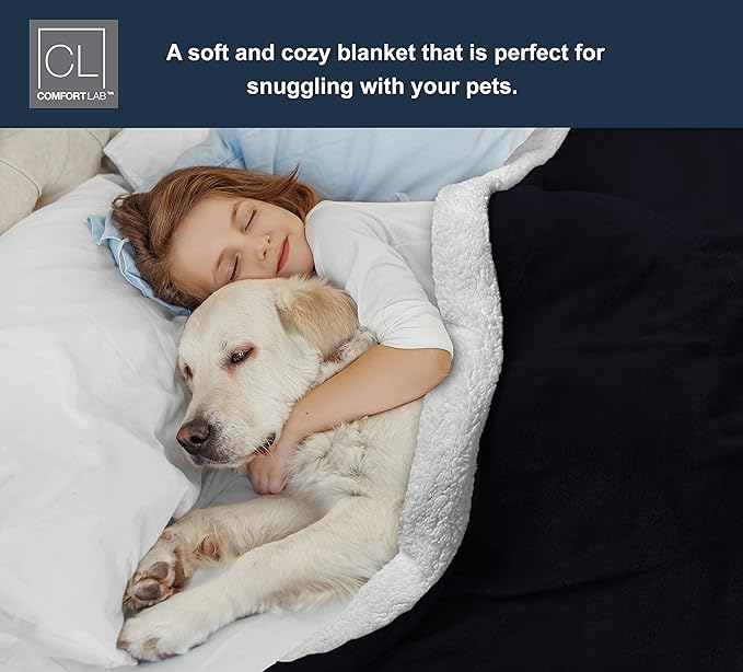 Comfort Lab Reversible Flannel Sherpa Throw Blanket - Elegant Fluffy Throw Blankets for Couch and Home Decor - Anti Pilling Non Shedding Cozy & Warm Fleece Throws - Kids/Pet (40" x 50") - Navy