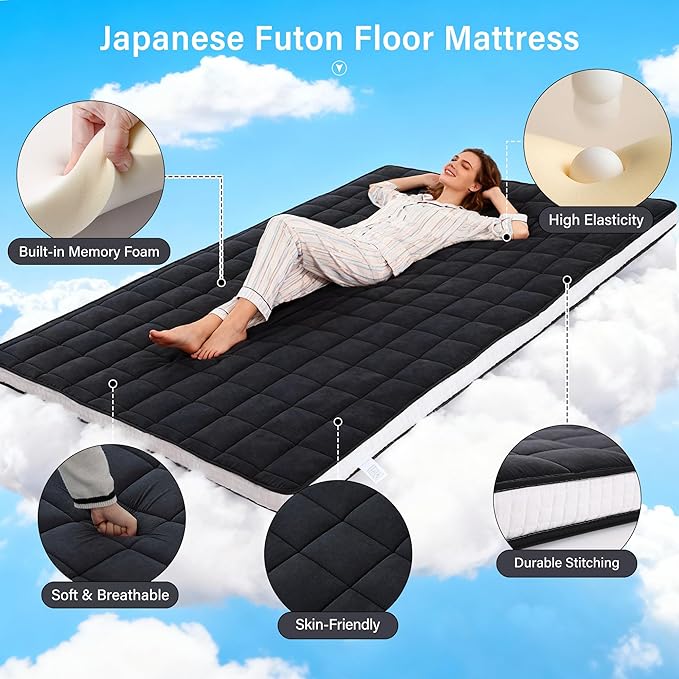 Welnow Japanese Futon Floor Mattress, Queen Size Thick Tatami Mat Portable & Foldable Roll Up Floor Bed Mattress with Storage Bag, Sleeping Pad for Adults, Dorm, Guest Bed, Camping and Travel, Black