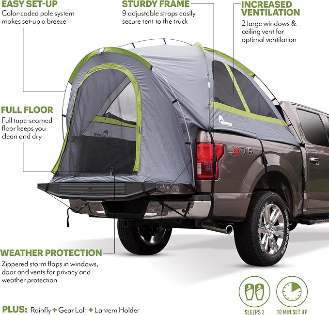 Napier Backroadz Truck Tent with Full Size Sportz Air Mattress & Strap Protectors fits Full Size Long Truck Beds | Waterproof 2-Person Tent (Full Size Retular Bed (6.4'-6.7')), Grey/Green