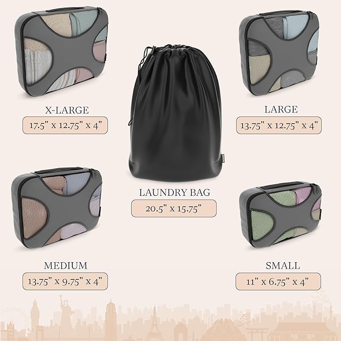 Shacke Packing Cubes for Travel 5 Set - Compression Luggage Organizer Bags - Versatile Travel Organizer for Women and Men - Optimized Packing Bags - Travel Essentials (Dark Grey)