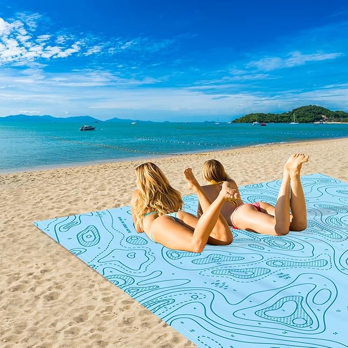 Blue Beach Blanket, 9 Ft X 10 Ft Extra Large Sandproof Beach Mat for 2-8 Adults, Foldable Waterproof Sand Free Outdoor Picnic Blanket with 4 Stakes & Corner Pockets for Camping, Hiking, Festival