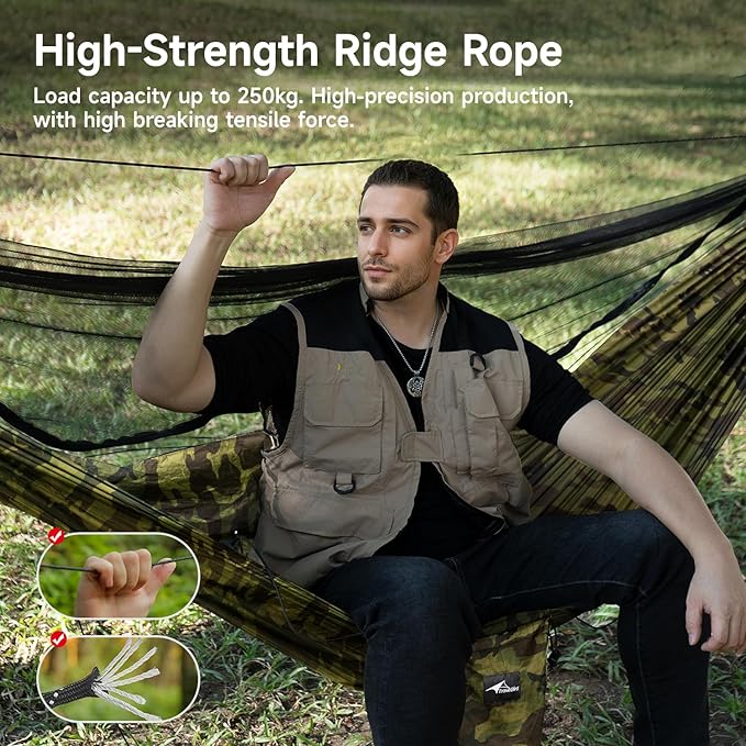 Camping Hammock with Mosquito Net and Ridge Rope, Extra Large for 2 Person, Lightweight Hanging Hammocks Tree Straps, All-in-one Fast Open Hammock for Outside, Hiking, and Travel