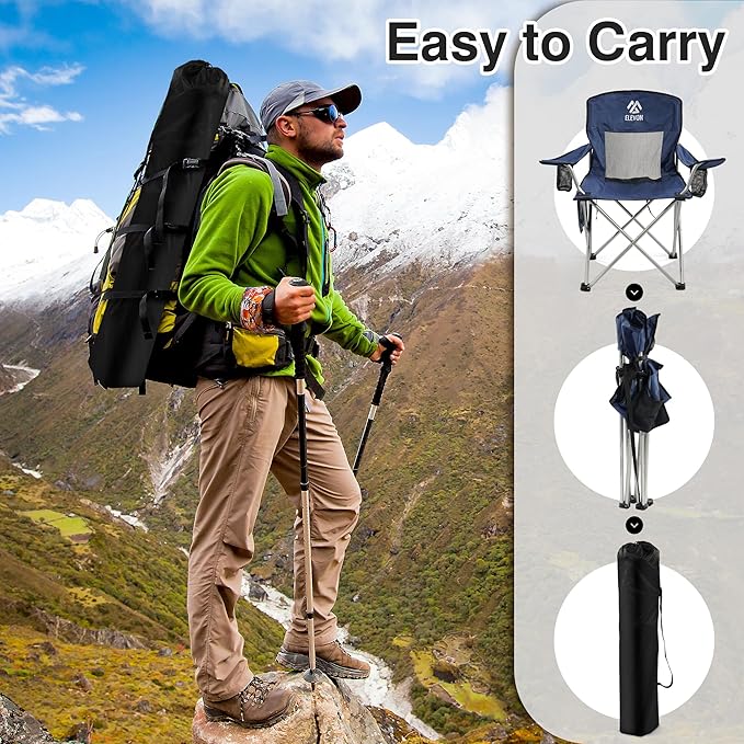 Elevon Folding Camping Chairs, Portable Outdoor Beach Chair for Adults with Carry Bag & Cup Holder, Foldable Lawn Chair with Mesh Backrest for Camp Fishing Hiking Travel Picnic Sports,