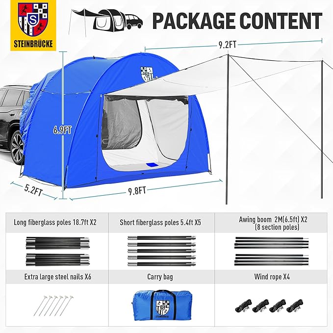 Universal SUV Camping Tent with Spacious Awning, 4000mm Waterproof Car Tent, Up to 4-Person Sleeping Capacity Camping Accessories, Easy Setup for Backpacking Traveling Hiking Outdoors