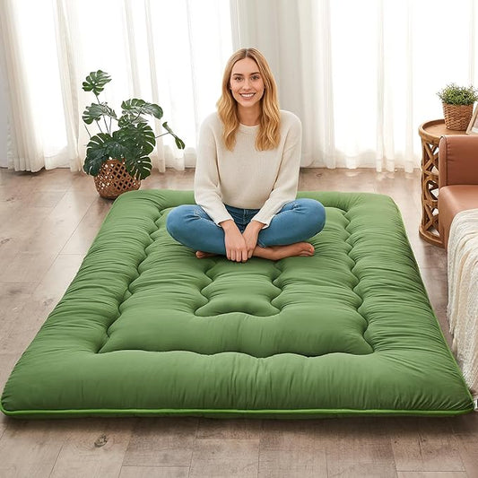 DAICO Japanese Floor Mattress, 4'' Thicken Futon Mattress Tatami Mat, Sleeping Pad Foldable Roll Up Mat for Camping and Guest Room, Queen Size 60''*80'', Green