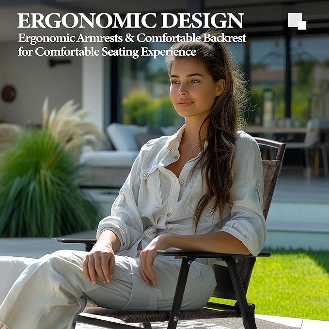 Crestlive Products Set of 2 Patio Dining Chairs, Outdoor Folding Chairs Portable Sling Recliner with Armrest for Camping, Garden, Backyard, Deck Brown