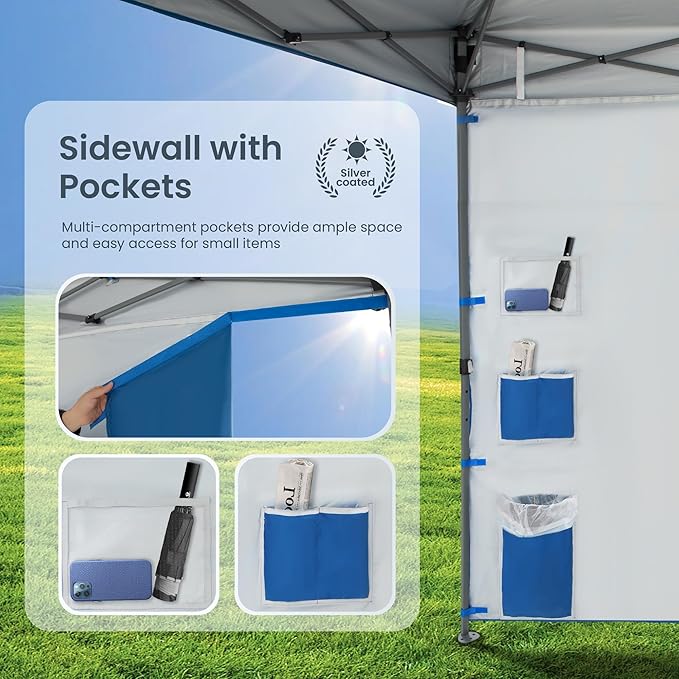 PHI VILLA Canopy Tent 10x10 Pop Up Canopy Outdoor Shade with Pockets Sidewall, Easy Up Sun Shelter with One Person Set Up Center Lock, Portable Instant Camping Beach Canopy Tents, Blue