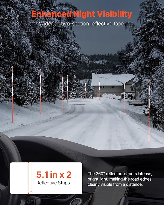 VEVOR Driveway Markers, 20Pcs 48 in Long 1/4 in Dia, Hi-Visibility Driveway Reflectors with 12 in Steel Drill Bits, Reflective Snow Sticks Fiberglass Pole for Parking Lots, Walkways, Snow Plowing