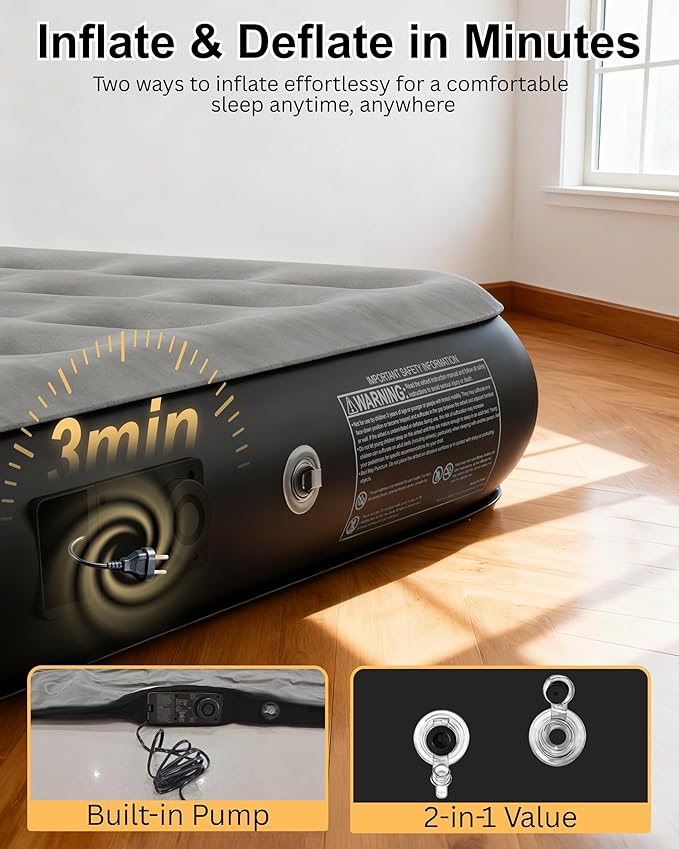 Queen Air Mattress with Built in Pump, Inflatable Mattress for Home, Blow up Air Bed 2 Min Quick Inflation and Deflation, Thin Velvet Top, 10'' Queen Size Gray