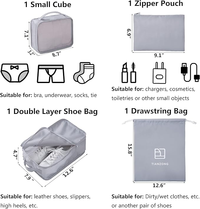 tianzong 7-piece Set Packing Cubes, Travel Bags for Luggage, Packing Organizers with Shoe Bag (Grey)