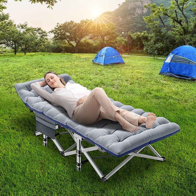 NAIZEA Folding Camping Cots for Adults, Portable Cot with Mattress Heavy Duty Outdoor Bed with Carry Bag 1200d Oxford Cloth Sleeping Cots for Camping Office Nap Home Guest Beach Travel