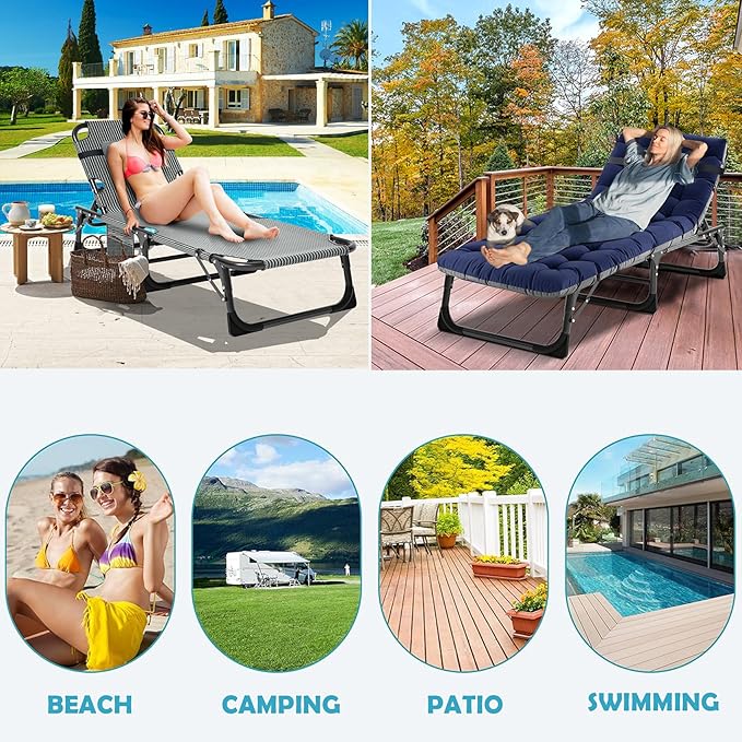 ABORON 3-in-1 Folding Patio Lounge Chair, 440LB Heavy-Duty Tri-Fold Guest Bed with Plush Cotton Cushion, No Assembly Adjustable Recliner for Office Nap, Patio Sunbathing, Poolside & Camping