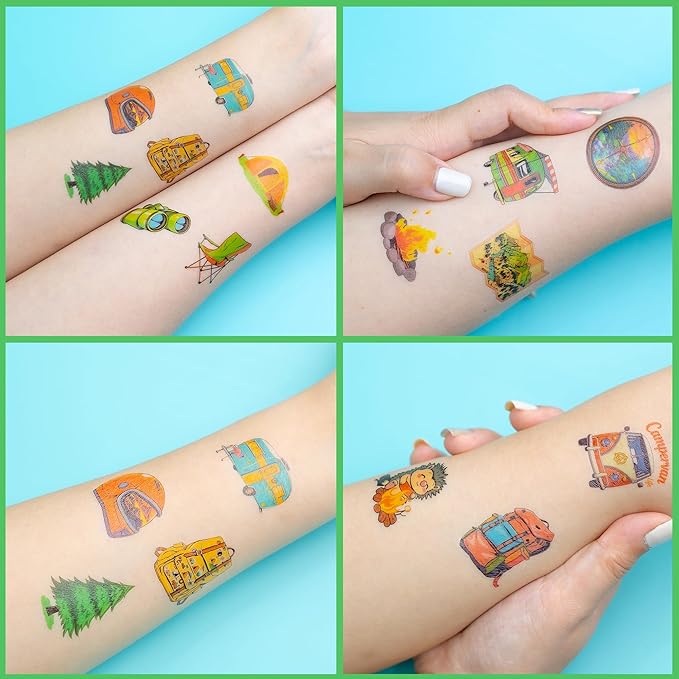 96PCS Camping Camp Camper Campfire Pre-Cut Temporary Tattoos for Kids | Super Cute Themed Birthday Party Favors, Supplies, Decorations, Fake Tattoo Stickers (multiple)