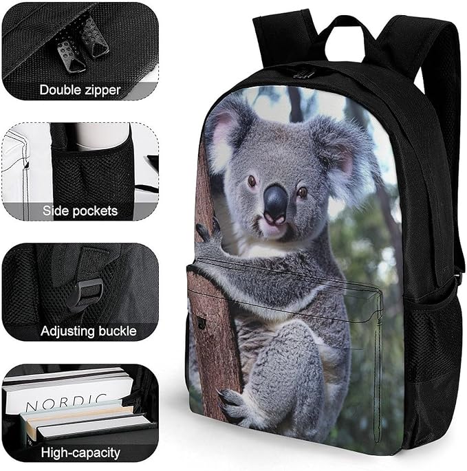 Lightweight Backpack for Gym Travel Bicycle, Big Capacity Multipurpose Anti-Theft Carry On Bag, Cute Koala Bear Travel Hiking Bag Day Pack