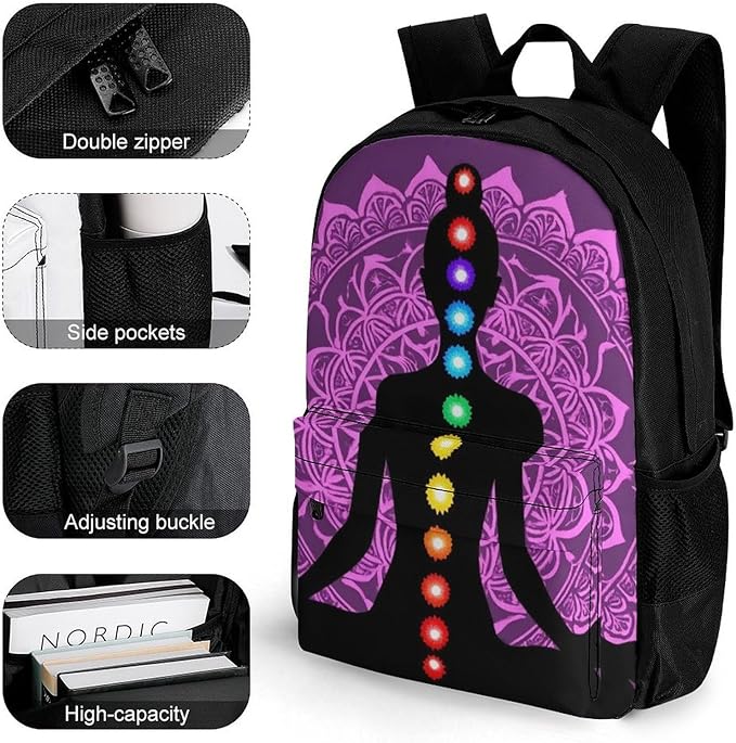 Lightweight Backpack for Gym Travel Bicycle, Big Capacity Multipurpose Anti-Theft Carry On Bag, Seven Chakra Yoga Meditation Lotus Purple Mandala Travel Hiking Bag Day Pack