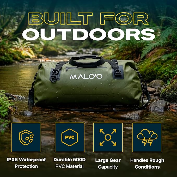Malo’o Waterproof Dry Duffel, Heavy-Duty Roll Top Waterproof Gear Bag with Shoulder Strap & Molle Loops, Marine Duffel for Kayaking, Boating, Camping, Beach & Travel, Dark Green, 60L