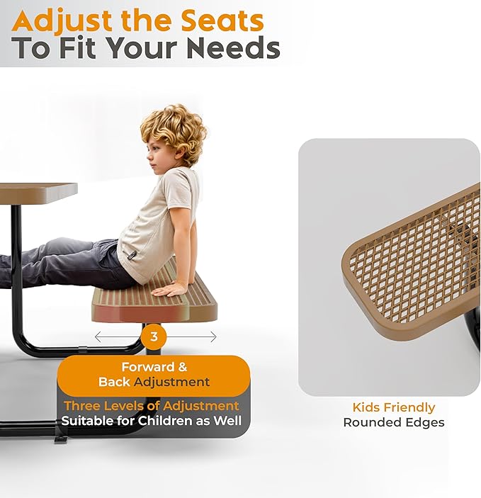 Metal Picnic Furniture for Outdoors with Umbrella Hole - Coated Steel Heavy Duty Commercial Grade Table with Adjustable Seats, Patio Set for a Lifetime (Brown, 6' Rectangular)