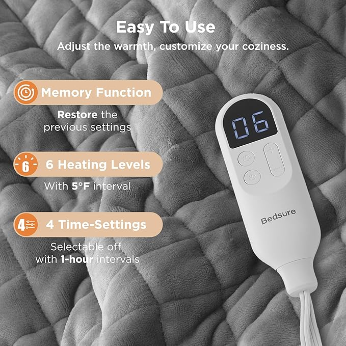 Bedsure Heated Blanket Throw Blanket - Quilted Electric Blanket, Soft Flannel Thick Heating Blanket with 4 Time Settings & 6 Heating Settings, Warm Gifts for Women Men (50x60 inches, Formal Gray)