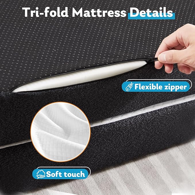 Folding Mattress, 4 inch Tri-Fold Memory Foam Mattress Topper for Camping, Foldable Guest Bed, Portable Travel Mat with Washable Cover, 75"×25"×4", White
