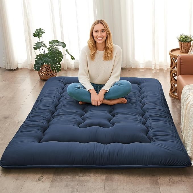 DAICO Japanese Floor Mattress, 4'' Thicken Futon Mattress Tatami Mat, Sleeping Pad Foldable Roll Up Mat for Camping and Guest Room, Full Size 54''*80'', Navy