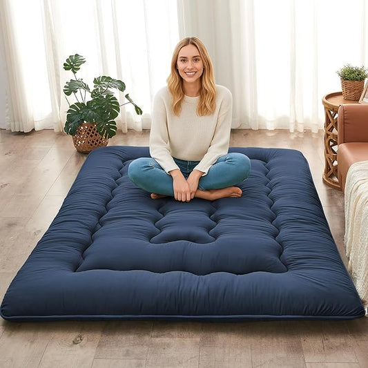 DAICO Japanese Floor Mattress, 4'' Thicken Futon Mattress Tatami Mat, Sleeping Pad Foldable Roll Up Mat for Camping and Guest Room, Full Size 54''*80'', Navy