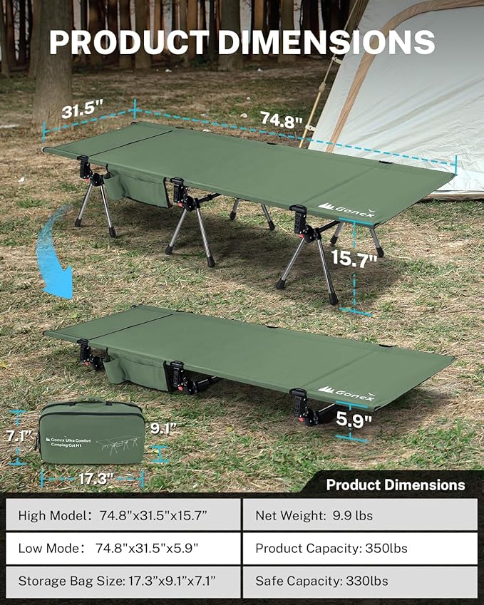 Gonex 31.5" Extra Wide Camping Cot with Leg Extenders 2 in 1 Portable Folding Cot for Adults Height Adjustable Supports 350lbs Sleeping Bed for Backpacking Travel Beach Home (Army Green)