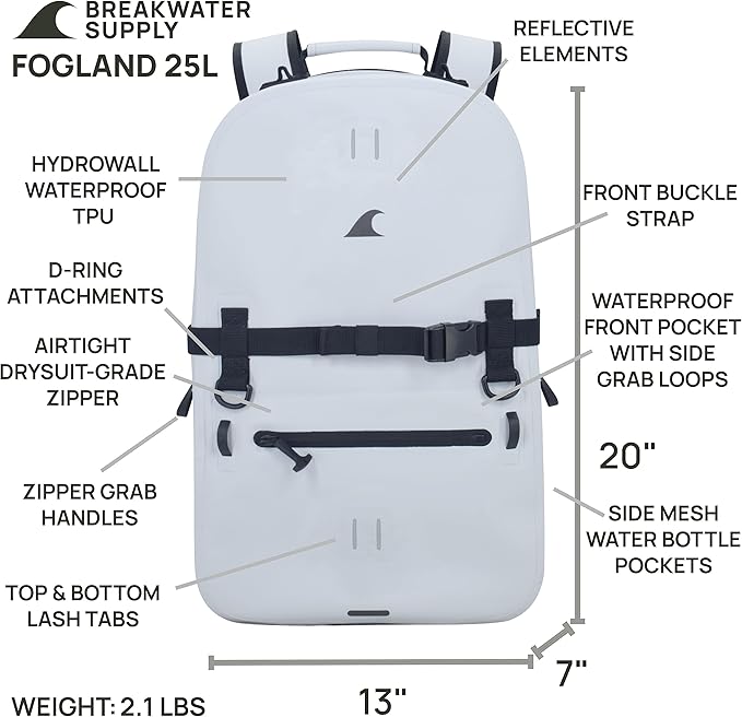 Breakwater Supply™ Fogland Waterproof IP68 Submersible Backpack with Airtight Zippers | Laptop Travel Outdoors | 25L 20L 15L | 100% Waterproof, Submersible, Airtight Zippers, Travel Outdoors