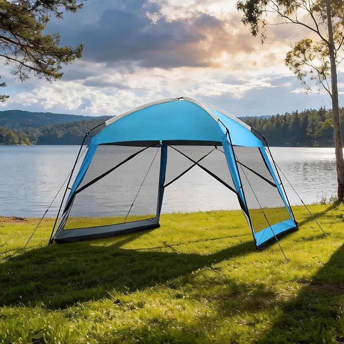 12 x 12 FT Camping Screen Tent for 8-10 Person, Easy Setup Screen House with UV 50+ Sun Protection & Mosquito Net for Camping, Backyard, Picnic, Patio Outdoor Blue