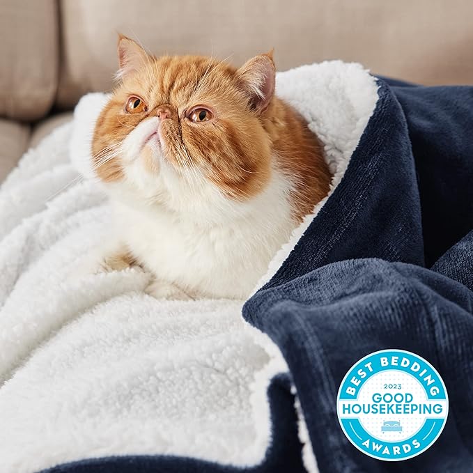 Bedsure GentleSoft Sherpa Fleece Throw Blanket Twin Size for Couch - Thick and Warm, Soft Fuzzy Plush Twin Blanket for Winter, Navy, 60x80 Inches