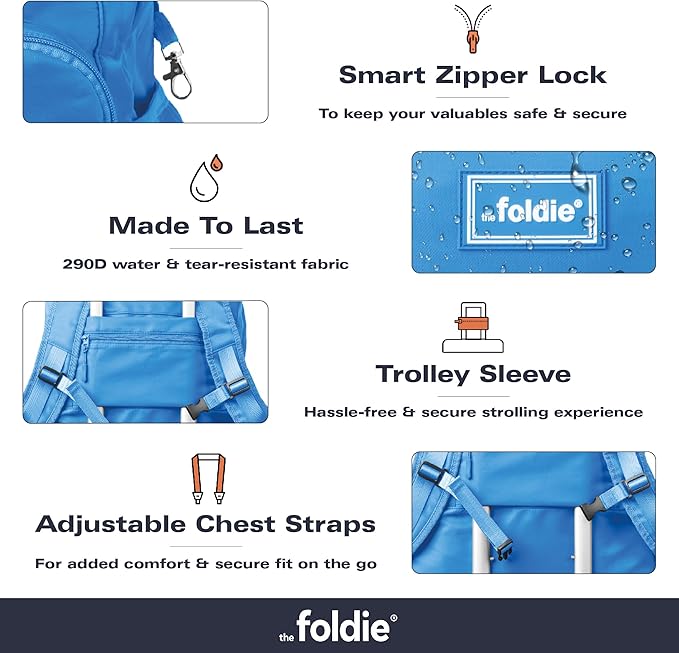 The Foldie Packable Backpack for Travel 32L - Lightweight Foldable Backpacks with Trolly Sleeve & RFID Protection - Water-repellent Casual Daypack Backpacks for Hiking, Camping & Gym - Azure Blue