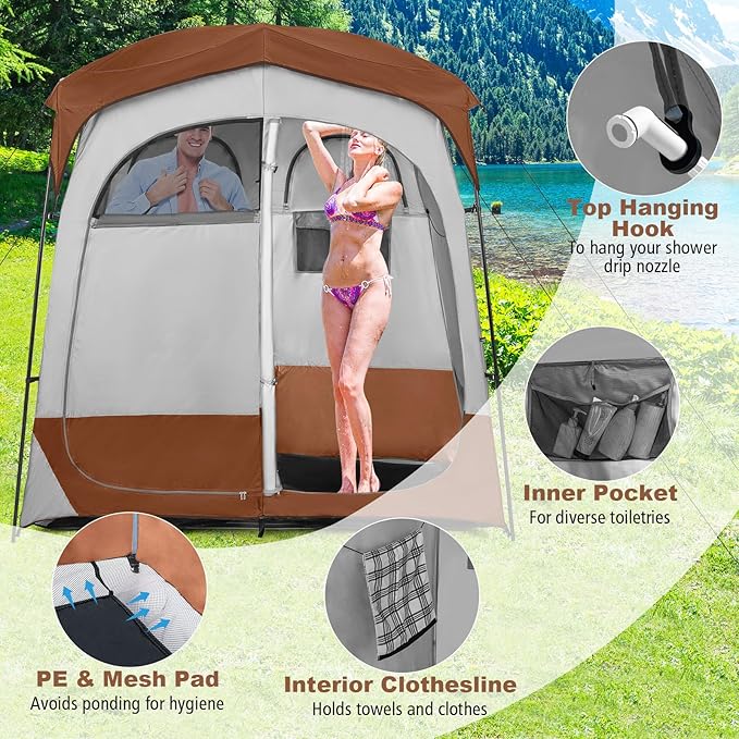 LDAILY Camping Shower Tent, 2 Room Instant Privacy Tent with Floor, Removable Rain Cover, Mesh Window, Inside Pocket and Clothesline, Portable Changing Room for Outdoor Toilet, Dressing