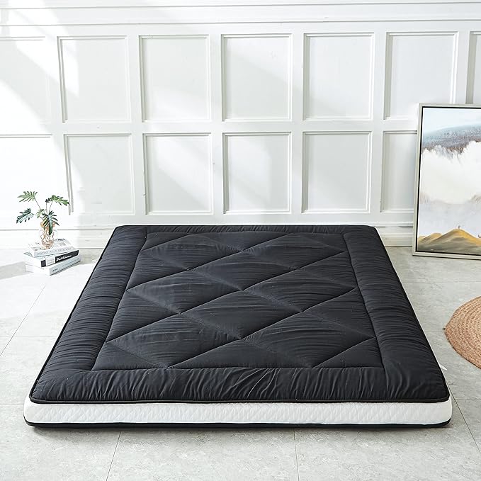 Japanese Folding Futon Mattress, Thicken & Portable Roll-Up Camping Mat, Black Full