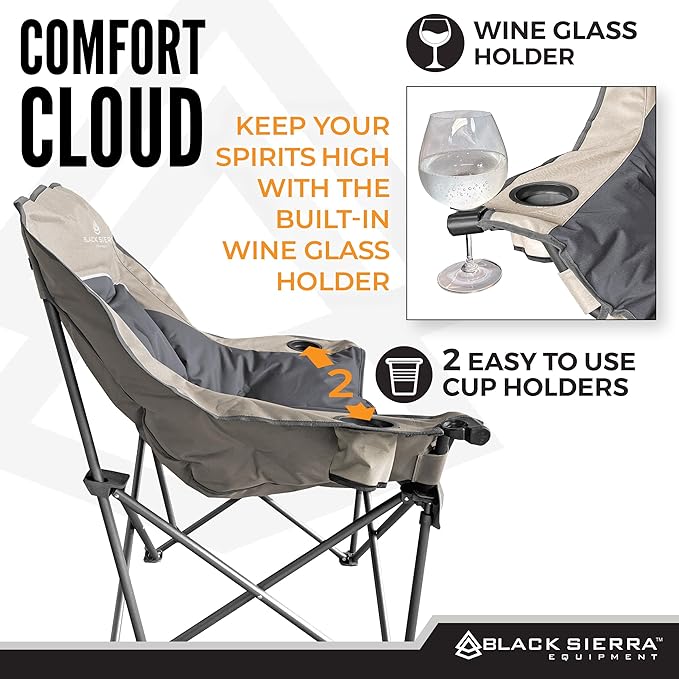 Black Sierra Oversized Camping Chair for Adults, Heavy Duty Outdoor Seat with Plush Padding, Supports 400lbs, Cup Holders & Carry Bag, Comfortable Folding Chair for Tailgating, Patio & Sideline Events