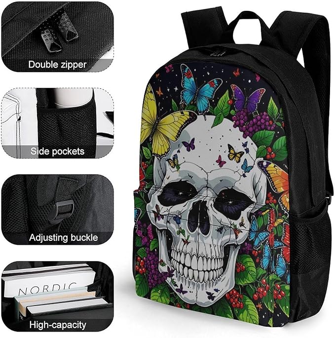 Lightweight Daypack for Camping Business Walking Cycling, Large Capacity Anti-Theft Multipurpose Bookbag, Magic Mushrooms Skull Psychedelic Butterfly Art Gym Outdoor Hiking Backpack