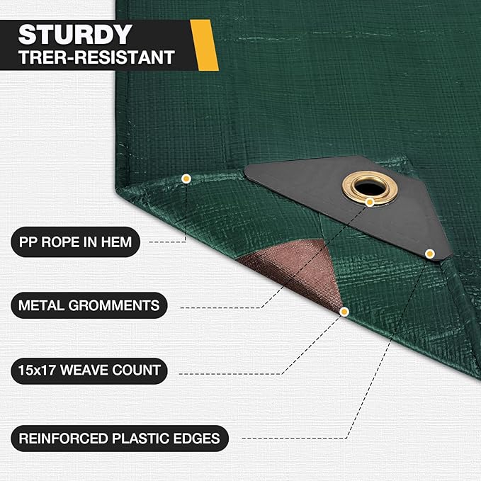 Tarp 8x10 Feet 16 Mil Heavy Duty Waterproof Tarp, Large Multipurpose Cover with Brass Grommets and Reinforced Edges, UV Resistant Thick Poly Tarps for Outdoor Camping Tent Pool Car, Green