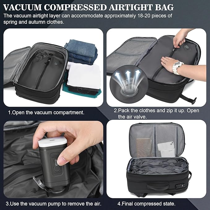 POSO Vacuum Backpack Travel – Expandable Compression Carry On Backpack with Vacuum Pump, Water-Resistant TSA Lock Travel Bag, 17" Laptop Backpack for Men Women, Business Airplane Flight Luggage